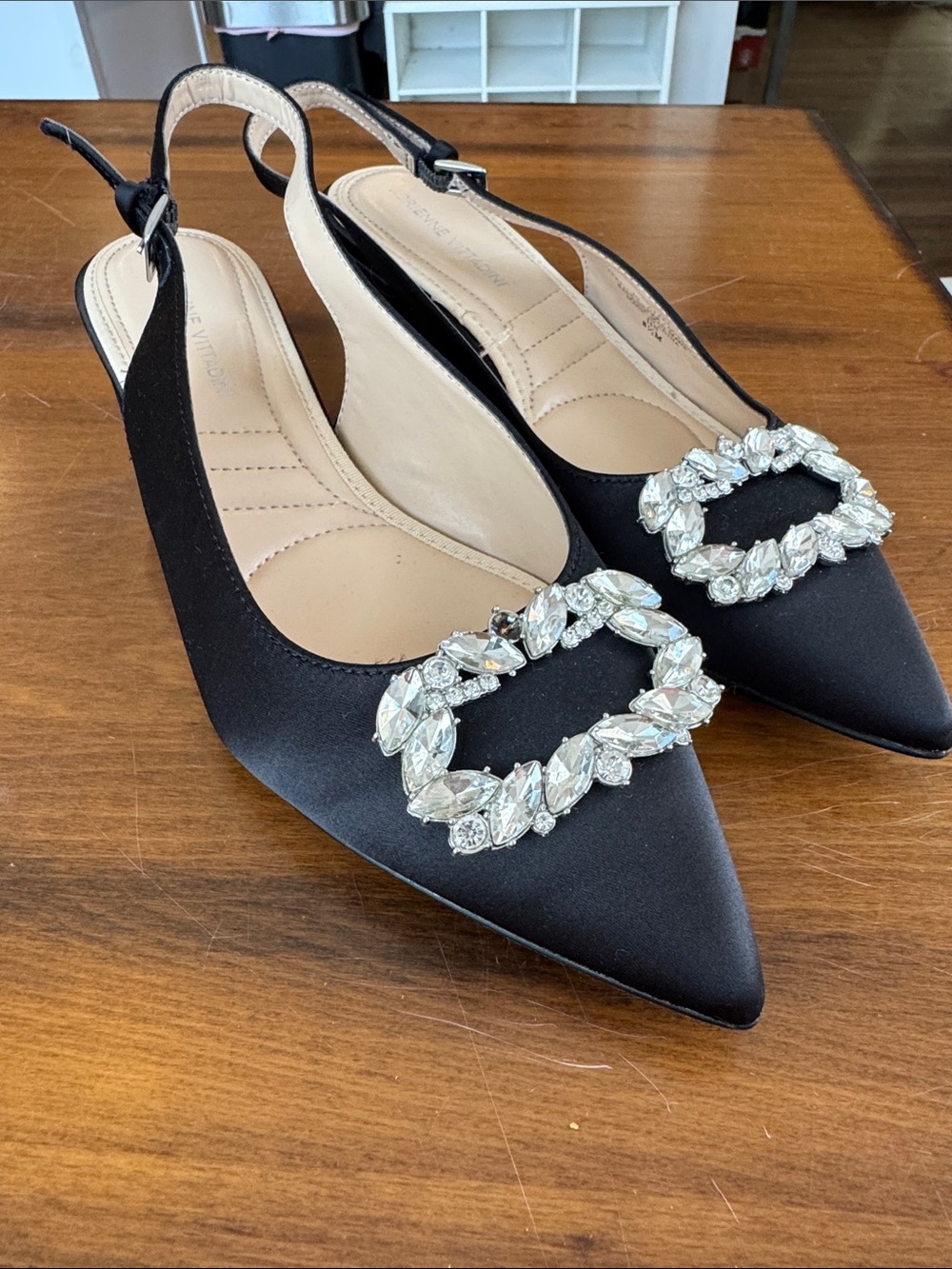 Adrienne Vittadini Black Satin Slingback pointed toe heel with Crystal Buckle
